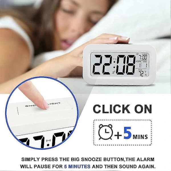 Rechargeable Alarm Clocks, Digital Alarm Clock Bedside Outlet with Smart Light Sensor, 12/24 Hour Date White