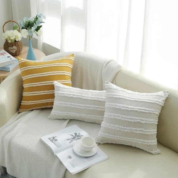 Boho dekorative pudebetræk, neutralstribede pudebetræk 16X16 Sæt med 2, Beige bomuldslinned pudebetræk til sofa stue.