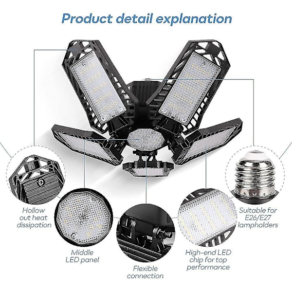 LED Garage Lys 120W 10000LM E27 6500K Justerbar 5 Paneler Deformerbar