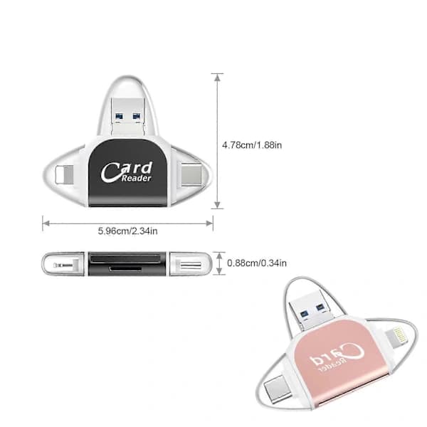 Multi-Port 4 i 1 Universal SD TF-kortleser, USB C SD TF Minnekortleser svart