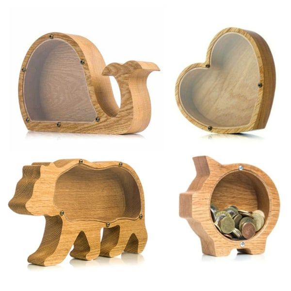 Trä Spargris Djur Rolig Dinosaurie Katt Lejon Mynt Transparent Kreativ Design Säker Barns Gåva Skrivbordsdekoration Stil 7