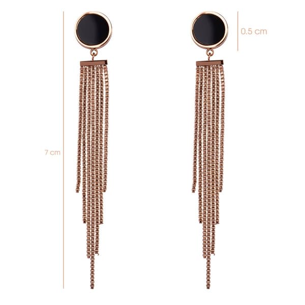 Chic by Lirette Lange Øreringe med Kæder, Rustfrit Stål Rosaguld Sort Rund Stud med Dinglekæder, Elegant Smykkegave til Kvinder, 7 cm