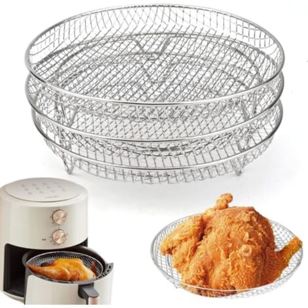 3 Deler Frityrstativ, Frityrkorg i Rustfritt Stål 3-Lags Stablebare Dehydreringsstativer for Air Fryer Baking og Steking (Rund)