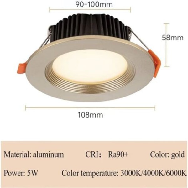 3 stk. 4 tommer forsænket LED spotlight, baffel, rundt aluminiumspanellys, dyb anti-blænding COB spotlights, enkel og moderne installation - 3000K (varm L