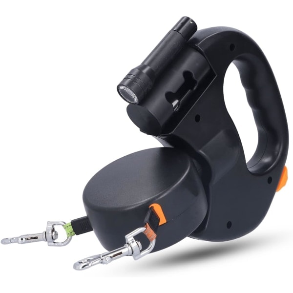 Dobbelt koppel for 2 hunder, innfellbart hundekoppel for hunder opptil 25 kg/55 lbs, 3M strekkbar sterk nylon