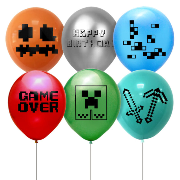 Minecraft-syntymäpäivälippu, kakku, kortit, ilmapallot, pikselipelijuhlat