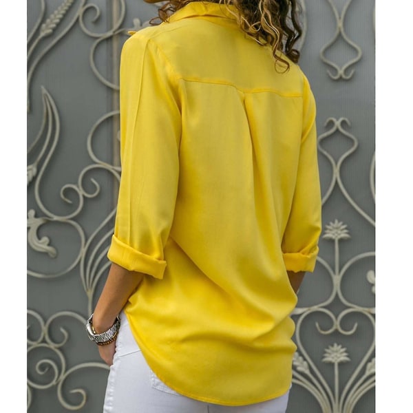 Kvinnor långärmad solid Button Down Lapel Shirt Yellow 2XL