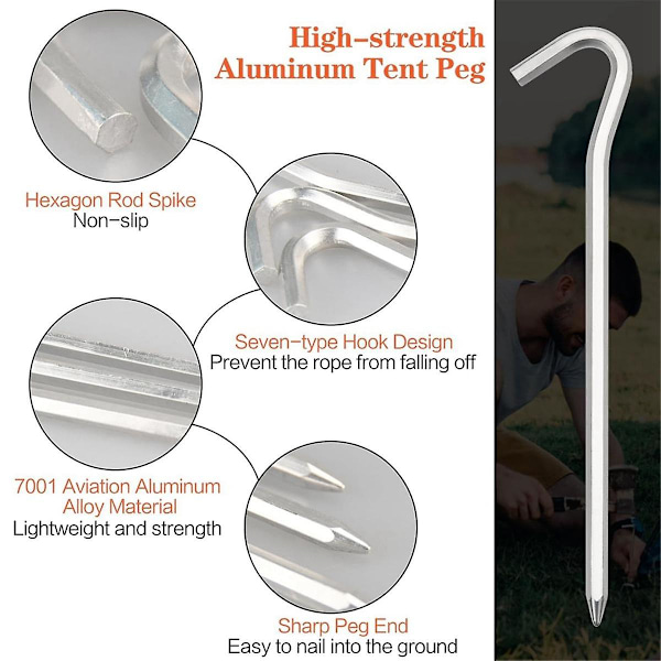 TS-Aluminium Teltplugger, 4 Pakning Sekskant Teltplugger Med Krok 7 Tommer Lange Markiseplugger