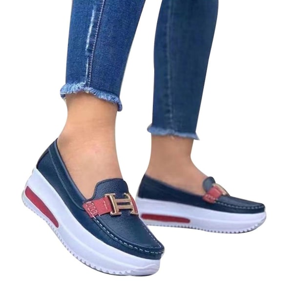 Bekväma plattform Loafers för kvinnor Casual Flat Pu Walking Skor Vintage Dark Blue 39