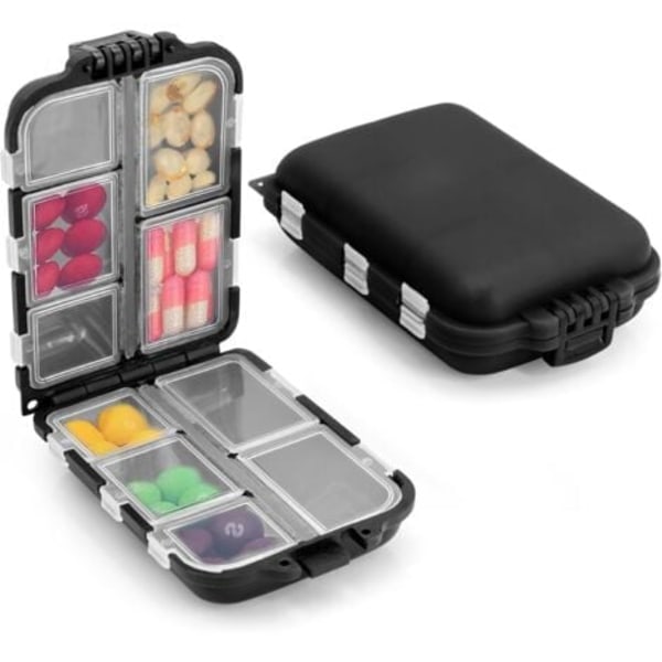 TS-Pillerask, Rese Medicinbox med 10 Fack, Mini Tablettask, Pillbox (Svart)