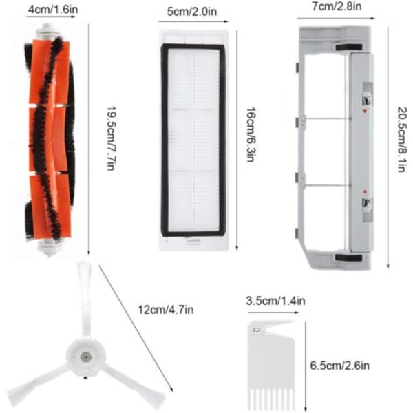 Tilbehørssett for Xiaomi Robotstøvsuger, 2 sidebørster + 2 x filtre + 1 sentralbørste + 1 blad + deksel for sentralbørste