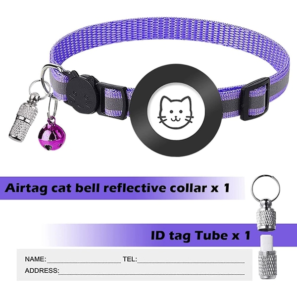 AirTag -katthalsband, Cat AirTag -halsband reflekterande, AirTag -katthalsband Justerbart med Bell-ID-namnetikett Purple