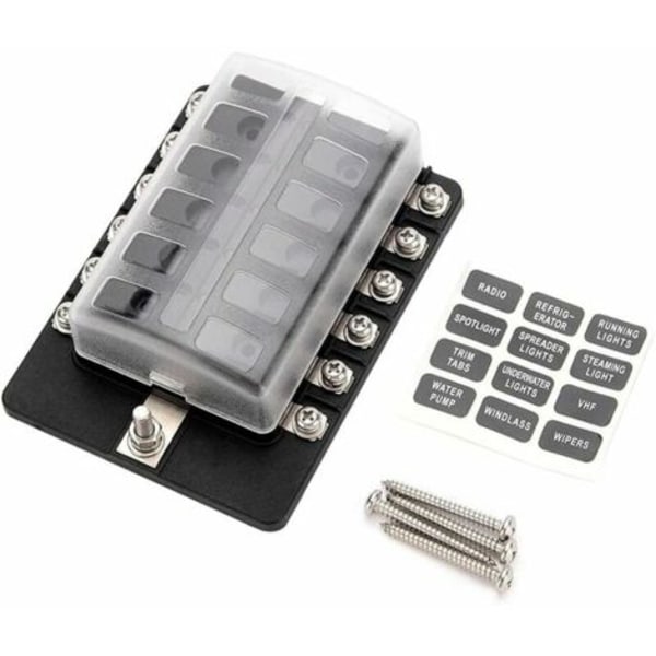 12-vejs sikringsboks med LED - Inkluderer 10 sikringer og terminaler - Velegnet til båd, campingvogn, marine, 12V og 24V