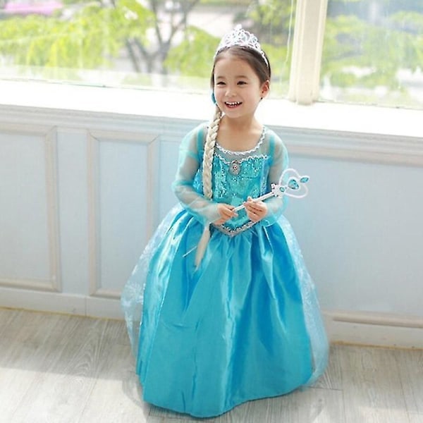 Flickor Frozen Queen Elsa Prinsessklänning Cosplay Kostym Julparty Fancy Dress Up - ca 5-6 år