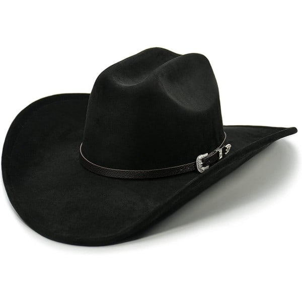 Cowboyhat til Kvinder og Mænd med Formbar Bred Rand - Filt Cattleman Western Hatte Raven Black S M
