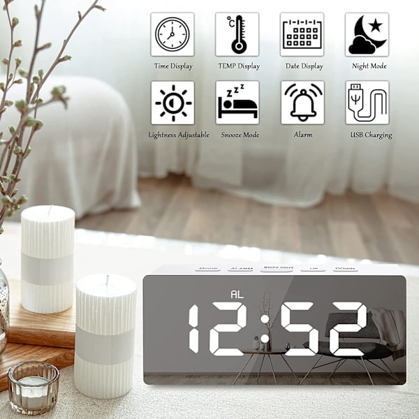 INF Digital LED Väckarklocka med Spegelyta Vit