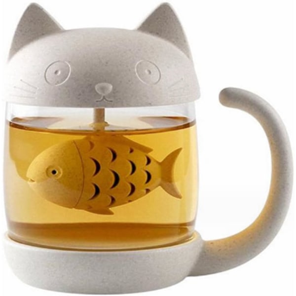 Kattglas Teekopp, Vattenflaska Mugg med Fiskformad Teinfuser, Kaffe Vattenflaska, 250ML, Kattälskare