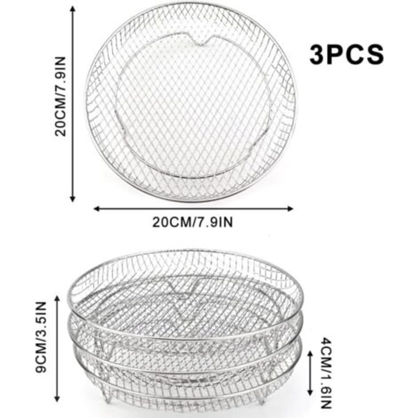 3 Deler Frityrstativ, Frityrkorg i Rustfritt Stål 3-Lags Stablebare Dehydreringsstativer for Air Fryer Baking og Steking (Rund)