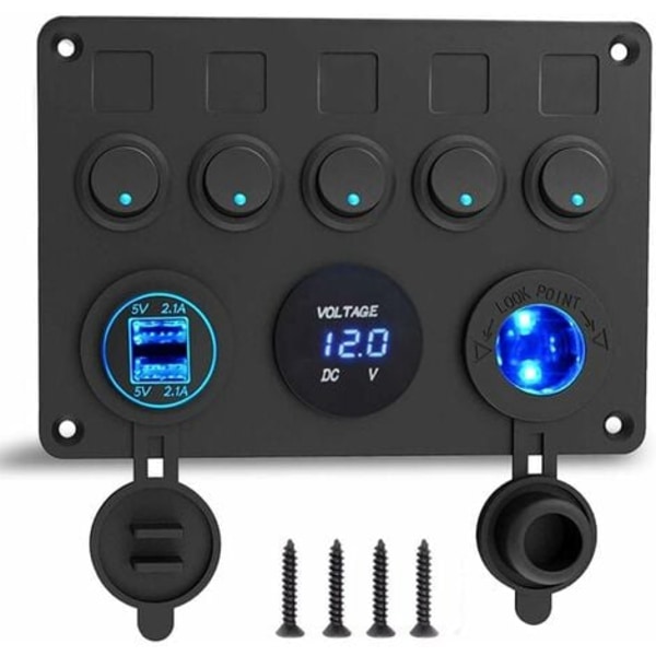 TS-12V Marin Kopplingspanel, 4.2A USB-laddningsport + Cigarettändaruttag + Voltmeterdisplay, IP65 Vattentäta Vippströmbrytare