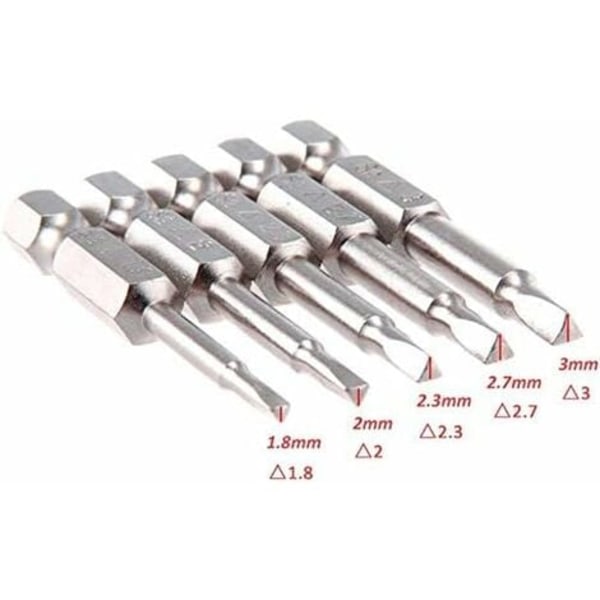 TS-5PCS Kolmikantapäinen magneettinen ruuvimeisselikärkisarja S2 terästä 1,8 mm, 2 mm, 2,3 mm, 2,7 mm, 3 mm, 6,35 mm kuusiovarsi, pituus 50 mm