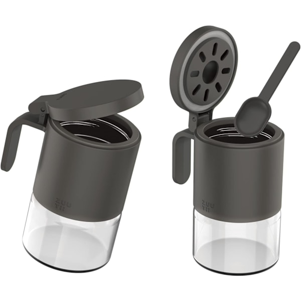 Lasinen maustepurkki, kosteudenkestävä maustelaatikko lusikalla, 2 kpl, 300 ml, mini mausteiden säilytyspurkki keittiöön suolalle, sokerille, pippurille, chilille, harmaa