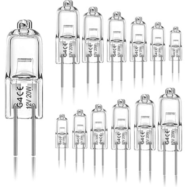 TS-Set med 12 G4 halogenlampor 20W 12V 2800 K 2-stifts för fläkt, kök, vardagsrum, sovrum