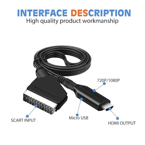 SCART till HDMI-kabel - SCART till HDMI-adapter - Allt-i-ett SCART till HDMI Audio Video-omvandlare 1080p/720p