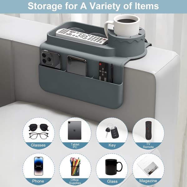 Armlene Organizerbrett, Fleksibel Silikon Sofa Caddy Med Koppholder, Lomme For Telefon Og Fjernkontroll, Anti-skli Grå For Sofa