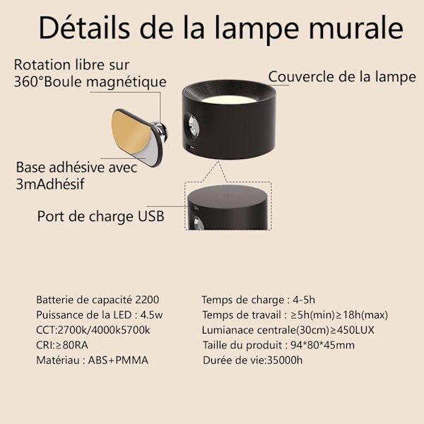 Indendørs væglampe, Touch LED-væglampe med USB-opladningsport Touch Control, 3 lysstyrkeniveauer 3 temperaturer 360° roterbar sengelampe (sort)