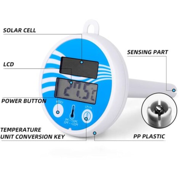Digital solcellspooltermometer, flytande pooltermometer, okrossbar pooltermometer för inomhus- och utomhuspooler, spa
