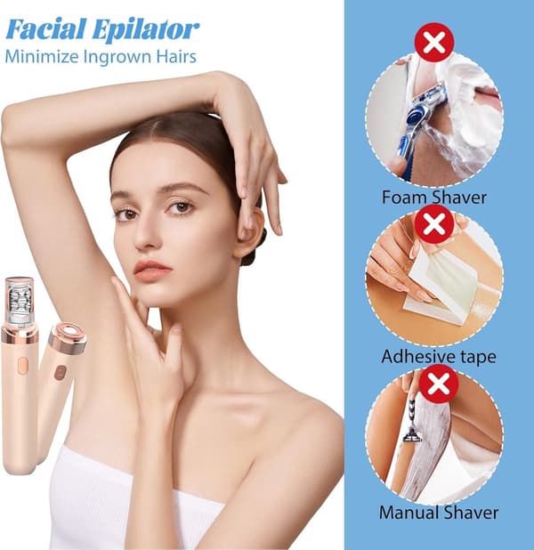 2-i-1 Ansiktsepilator og Trimmer for Kvinner, LED-lys, USB Oppladbar, Vaskbart Hode for Ansikt, Hake og Overleppe