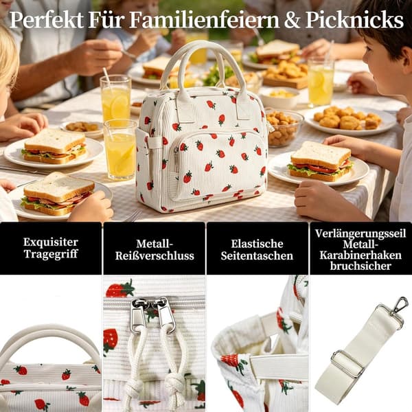 Isolerad kylväska, 12L, manchester med PEVA-foder, läckagesäker, vikbar, sidofickor för arbete, picknick, resor, jordgubbe