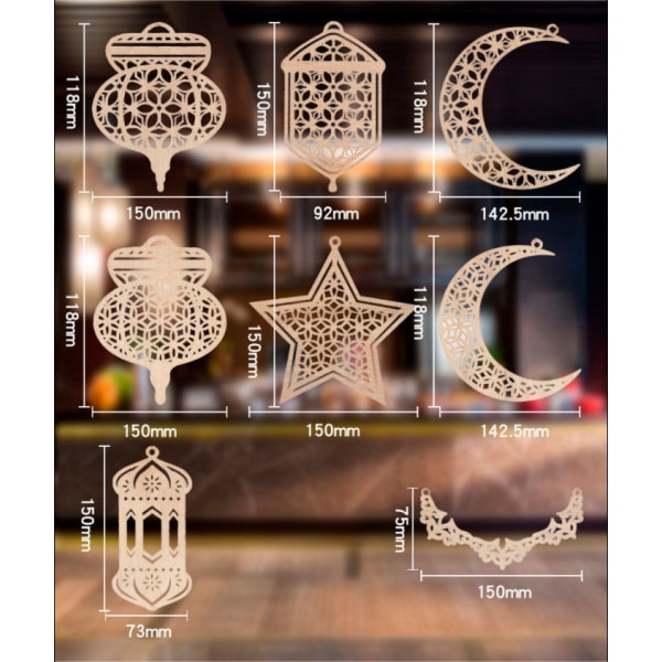 Prydnad med trähänge Ramadan Kareem - Eid-festdekorationer (8st, brun)