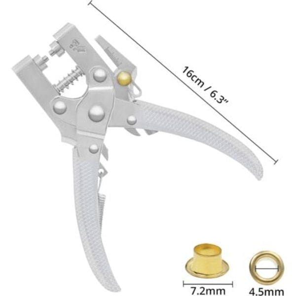 TS-Öljetttång med 100 Öljetter - 16 cm Håltång för Läderbälte - 7,2 mm Guldmetallöljetter - För Tyger, Kläder, Skor