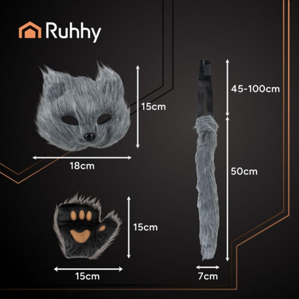 Cat Mask with Paws and Adjustable Tail – 4 Pieces grå gray