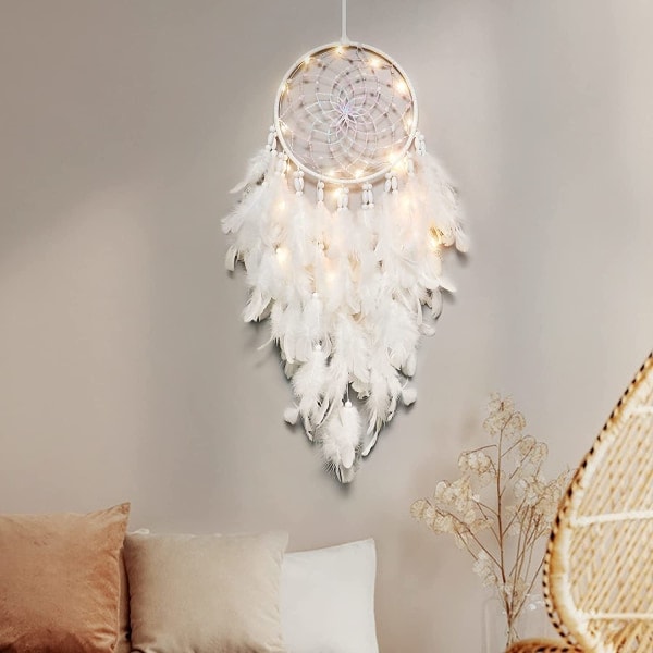 LED Drømfanger til Børn Væghængt Dekoration Hvide Fjer Drømfanger med Lysperler Boho Dekoration Vævet Kunst Dekoration Håndlavet Gave til Børneværelse Hængende