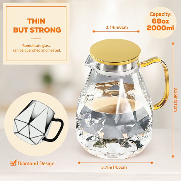 2L Vandkande, Diamantdesign Glaskande, Glaskande med Rustfrit Stål Låg og Håndtag, Holdbar Vandkande til Frugtinfusion, Kaffe, Mælk