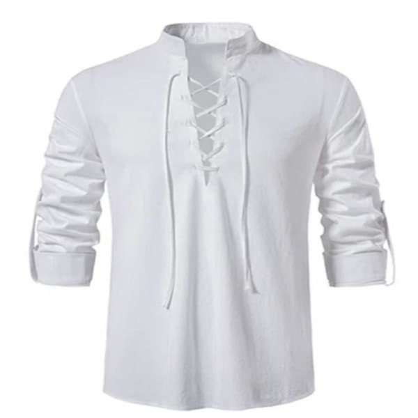 Ny skjorta med v-ringad herr T-shirt Mode vintage tunn långärmad topp män Casual andas Viking Front Lace Up Man Shirts WHITE S
