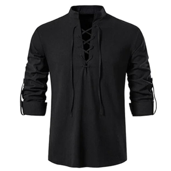 Ny skjorta med v-ringad herr T-shirt Mode vintage tunn långärmad topp män Casual andas Viking Front Lace Up Man Shirts BLACK L