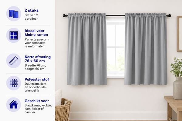 Korta Fönstergardiner, 2-Panels Mörkläggningsgardiner i Polyester för Kök, Sovrum, Badrum, Husbil, Grå, 76 x 60 cm