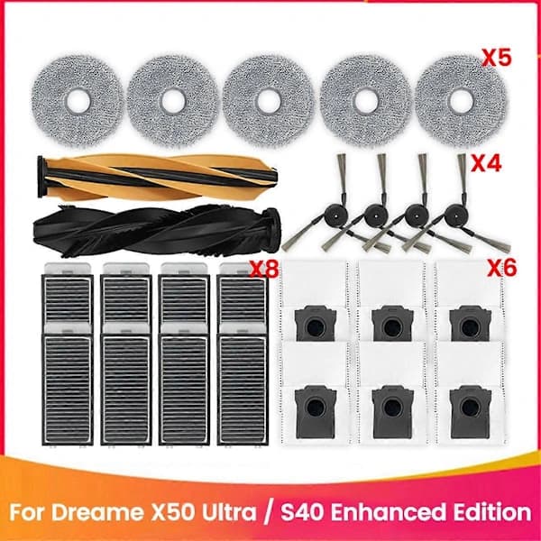 25 stk. Hovedsidebørste Filter Moppepuder Støvpose til Dreame X50 Ultra / S40 Enhanced Edition Robotstøvsuger