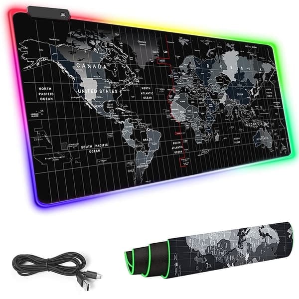Gaming Musemåtte med LED-lys - 90x40cm - Verdenskort