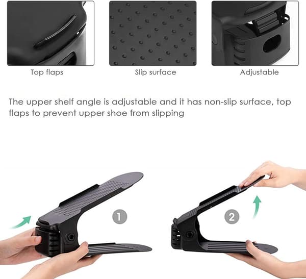 Shoe Rack 10-pack Space-Saving Adjustable Shoe Storage Organizer with 3-Tier Height, Non-Slip Shelf Holder, Plastic Black