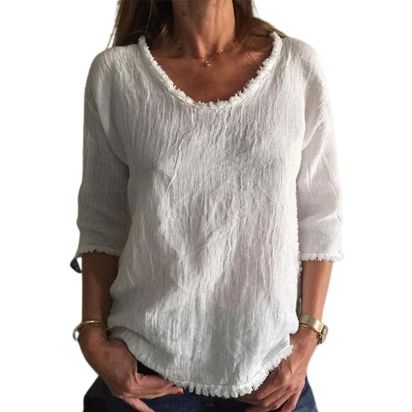 Kvinnor Lös rund hals kortärmad T-shirt Sommar Casual Solid Tops Blus White XL