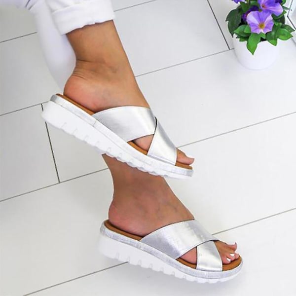 Kvinnor sommar plattform kil sandaler Cross Slip On Tofflor Flat Sliders Skor Silver 38