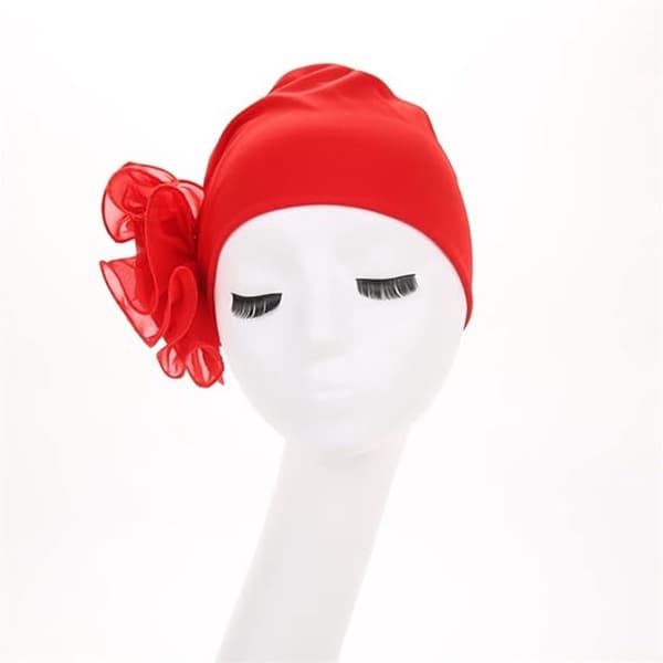 Dam Blommig Chemo Turban Mössa Mjuk Stretch Polyester Huvudduk Cancer Mössa för Håravfall Sovmössa Röd