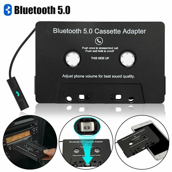Bluetooth 5.0 bilstereo kassettebåndsadapter til aux Sort
