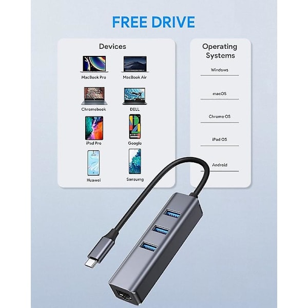 USB-C - Ethernet-sovitin, RJ45 - USB-C Thunderbolt 3/tyyppi-C Gigabit Ethernet LAN-verkkosovitin, yhteensopiva