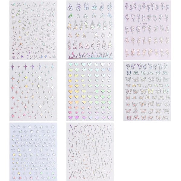 8 ark Aurora negleklistremerker 3D Holografisk Laser Hjerte Stjerne Måne Flamme Blomst Sommerfugl Negledekaler Selvklebende negl