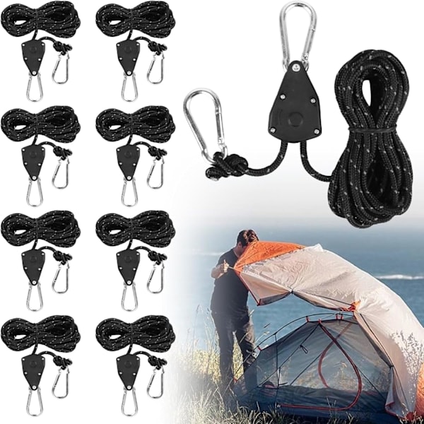 Barduner med linestrammere, 4m rebafgrænsningsreb, reflekterende teltline med strammere, krog, Ø 4mm justerbart reb til campingteltlampe{HH}